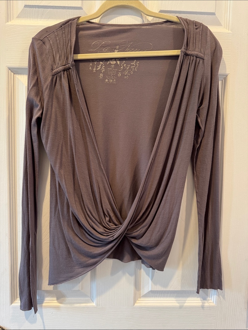 Da Nang Draped Twist Front Long-Sleeve Top - Taupe